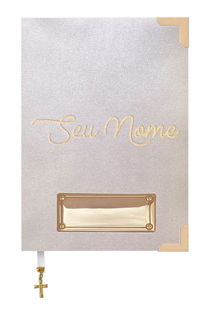 Bíblia Glitter Branco com Nome personalizado em Dourado