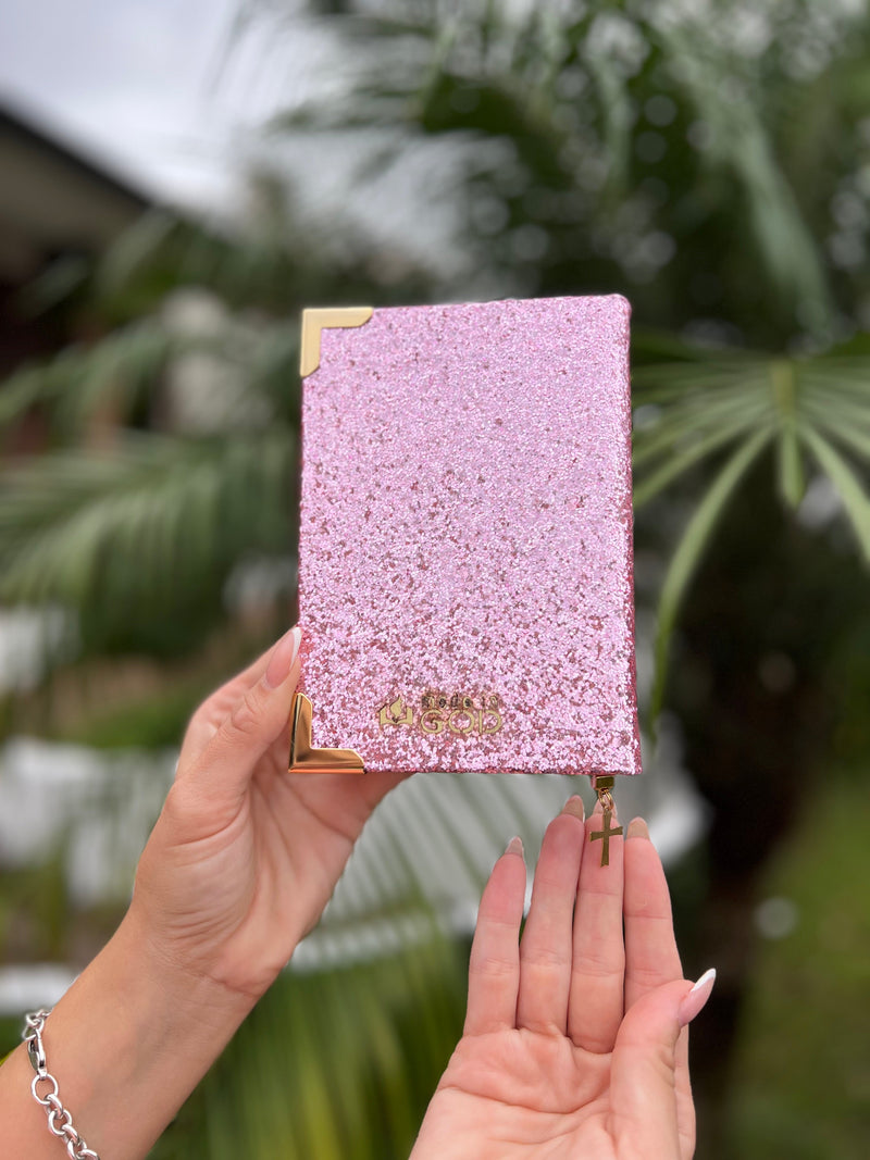 Bíblia mini Glitter Rosa Jesus - PRONTA ENTREGA